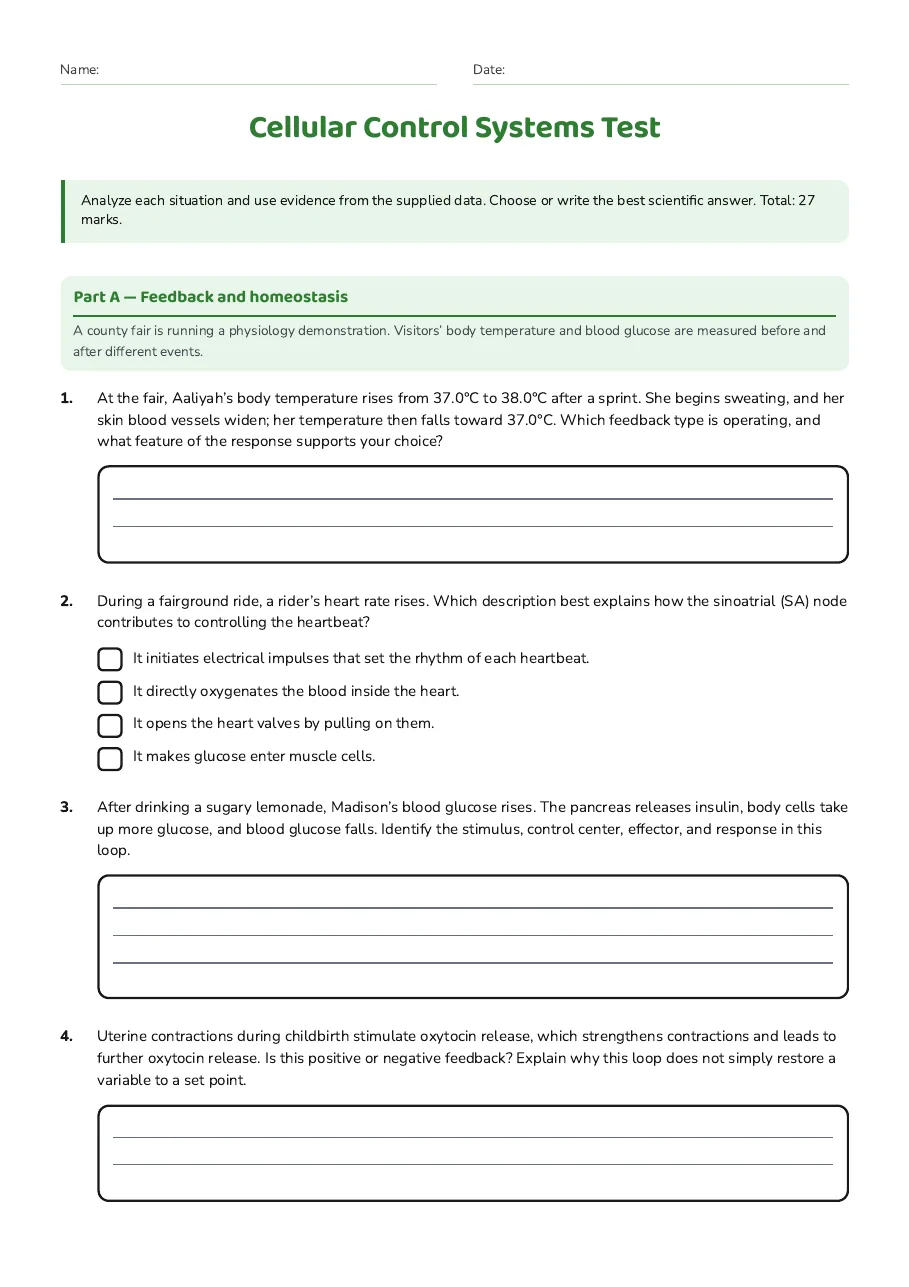 Cellular Control Systems Test, page 1 of 3: Part A — Feedback and homeostasis