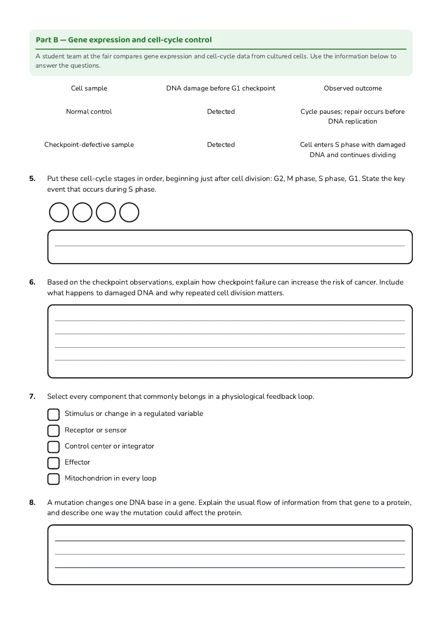 Cellular Control Systems Test, page 2 of 3: Part B — Gene expression and cell-cycle control