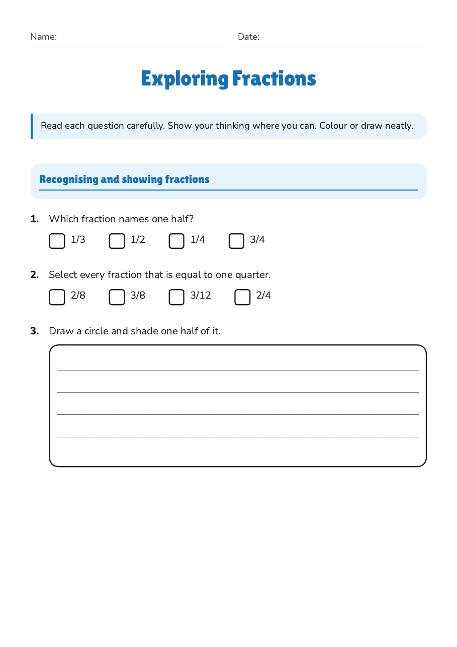 Exploring Fractions, page 1 of 4: Recognising and showing fractions
