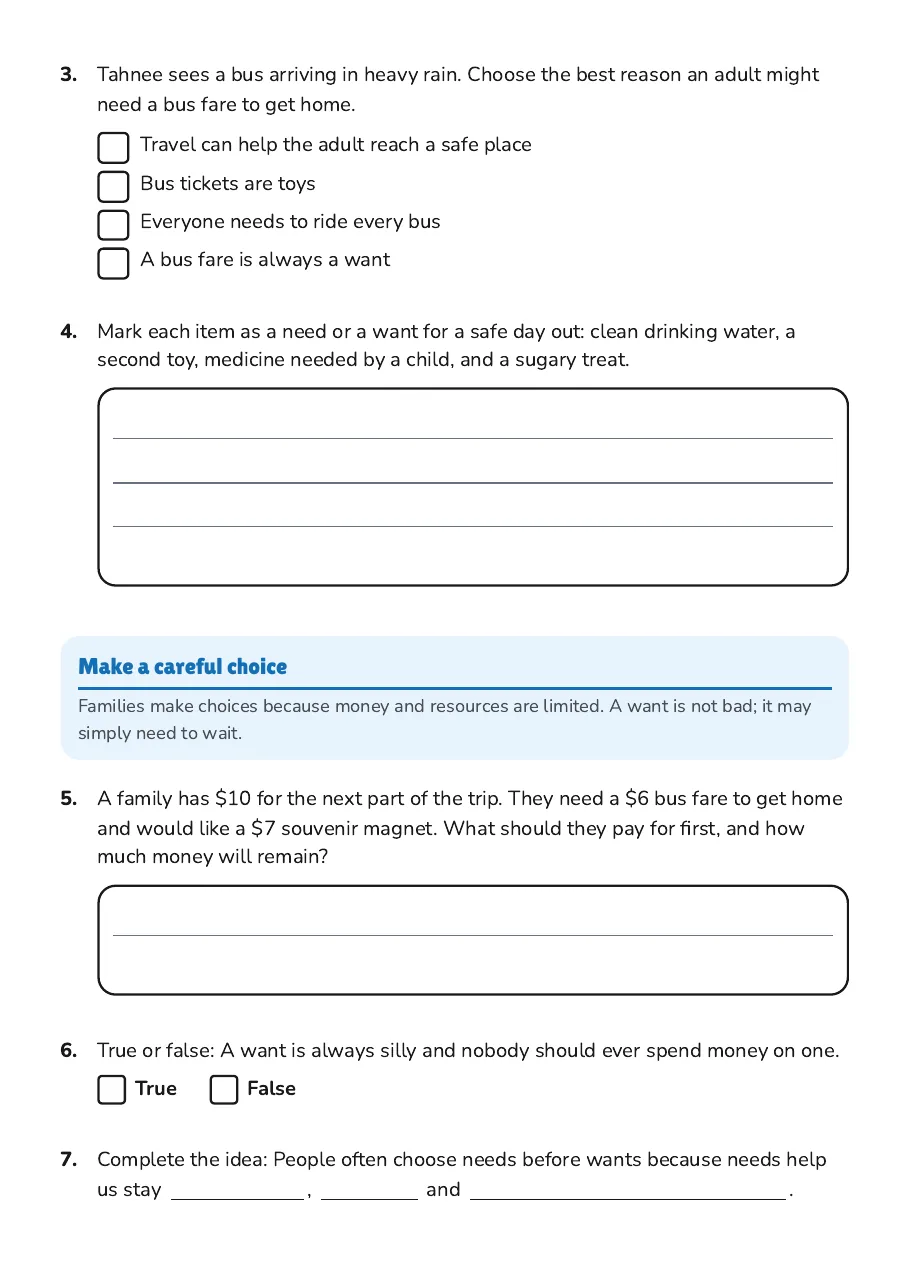 Needs and Wants Worksheet, page 2 of 3: Make a careful choice