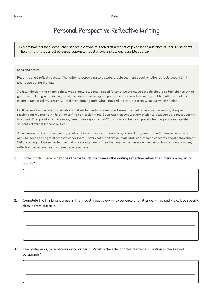 Personal Perspective Reflective Writing, page 1 of 3: Read and notice