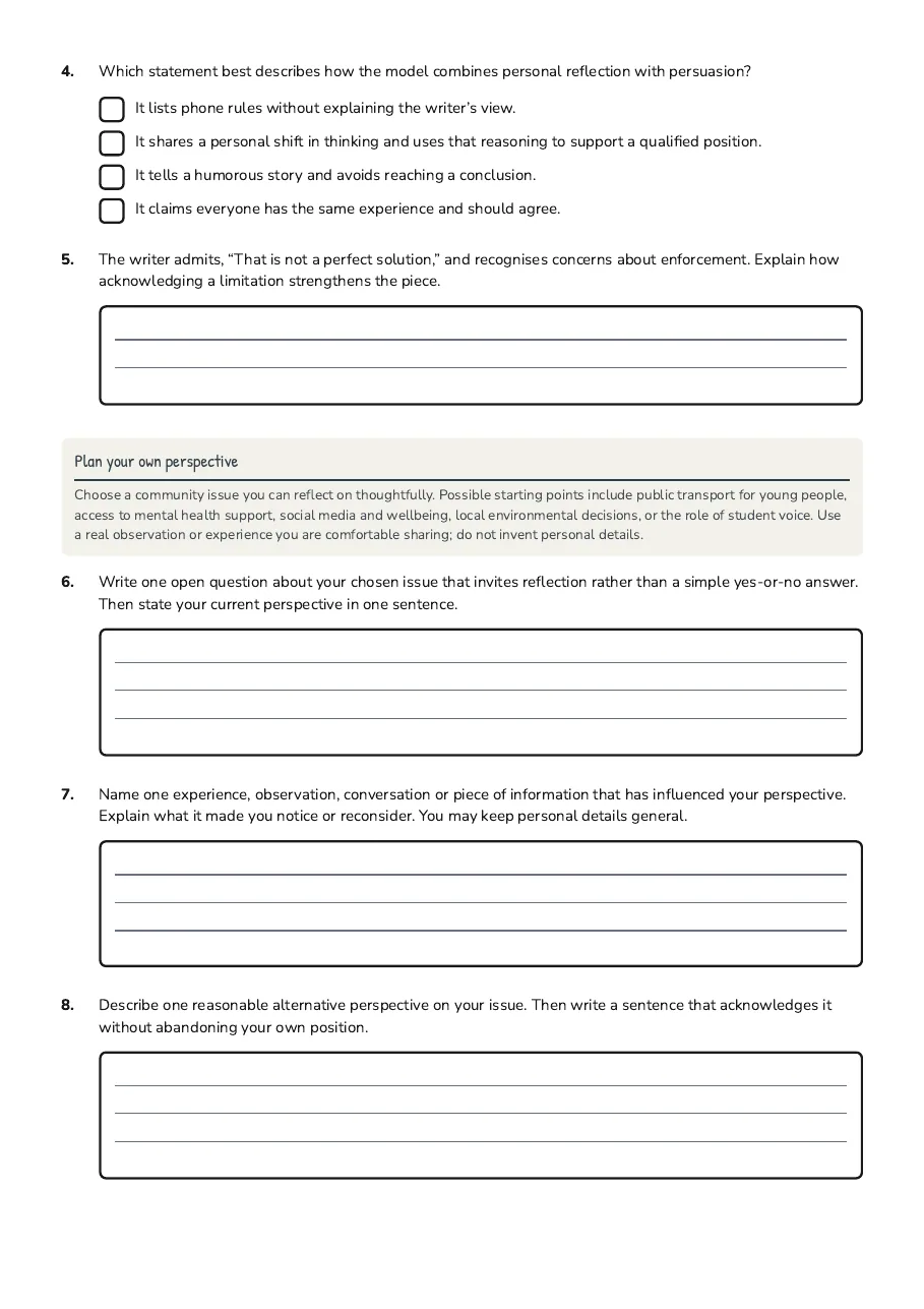 Personal Perspective Reflective Writing, page 2 of 3: Plan your own perspective