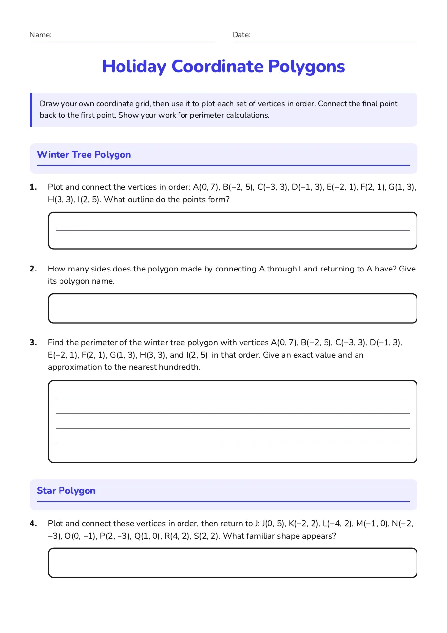 Holiday Coordinate Polygons, page 1 of 2: Winter Tree Polygon, Star Polygon