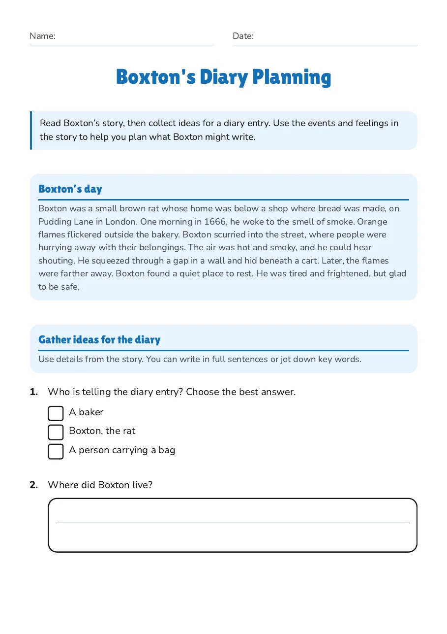 Boxton's Diary Planning, page 1 of 3: Boxton’s day, Gather ideas for the diary