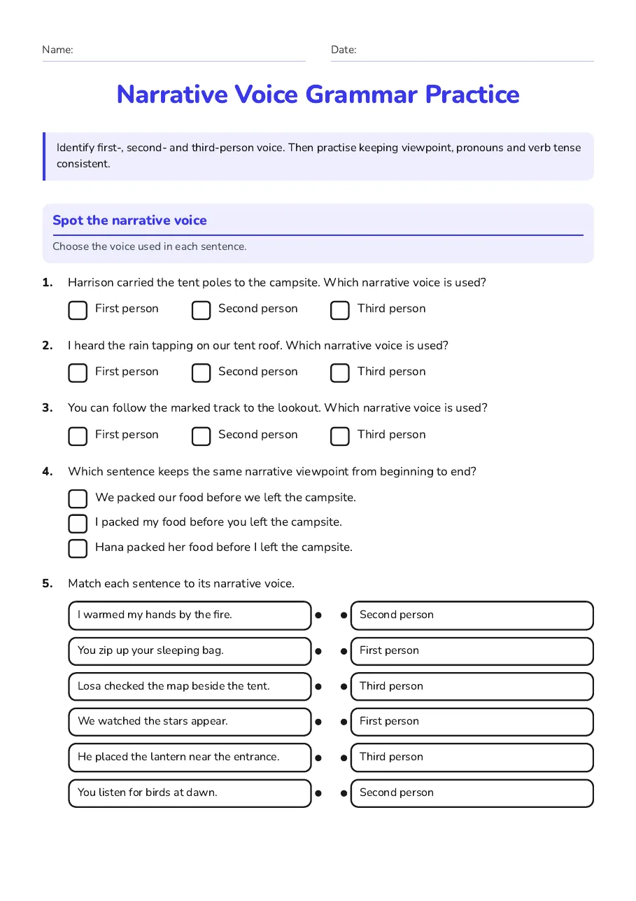 Narrative Voice Grammar Practice, page 1 of 3: Spot the narrative voice