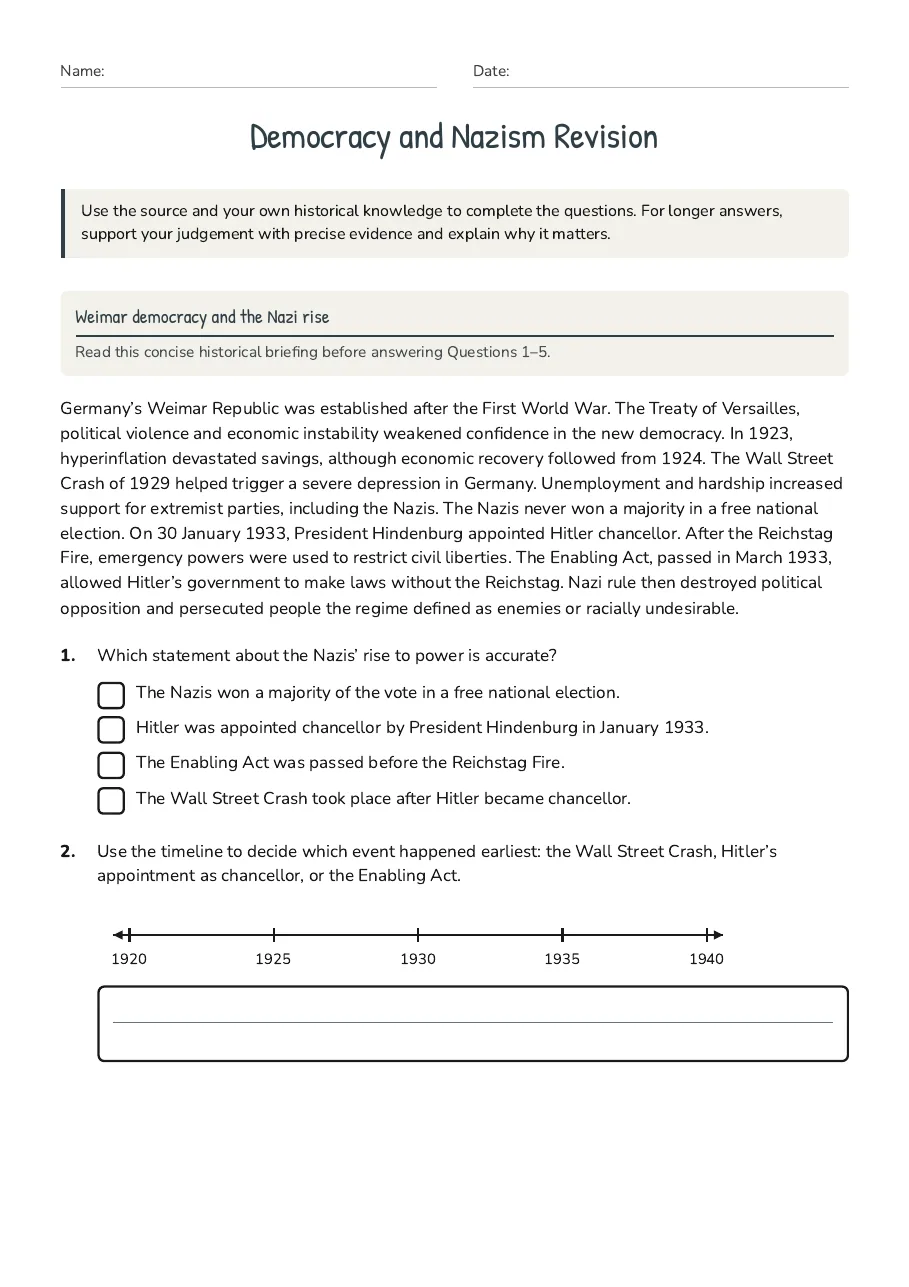 Democracy and Nazism Revision, page 1 of 3: Weimar democracy and the Nazi rise