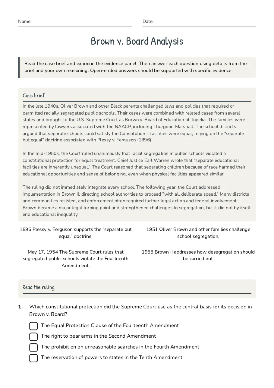 Brown v. Board Analysis, page 1 of 3: Case brief, Read the ruling