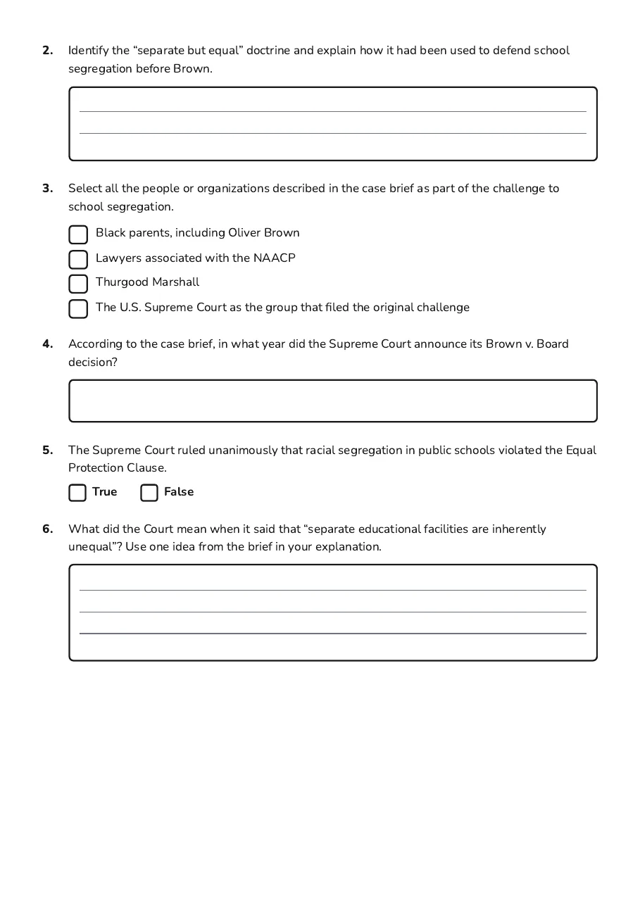 Brown v. Board Analysis, page 2 of 3: 2. Identify the “separate but equal” doctrine and explain how it had been used to defend…