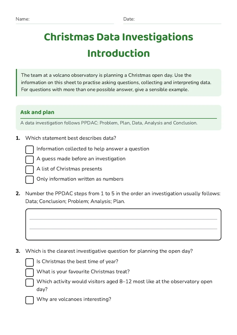 Christmas Data Investigations Introduction, page 1 of 3: Ask and plan