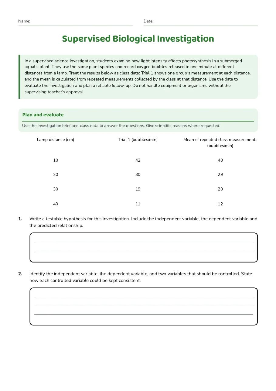 Supervised Biological Investigation, page 1 of 3: Plan and evaluate