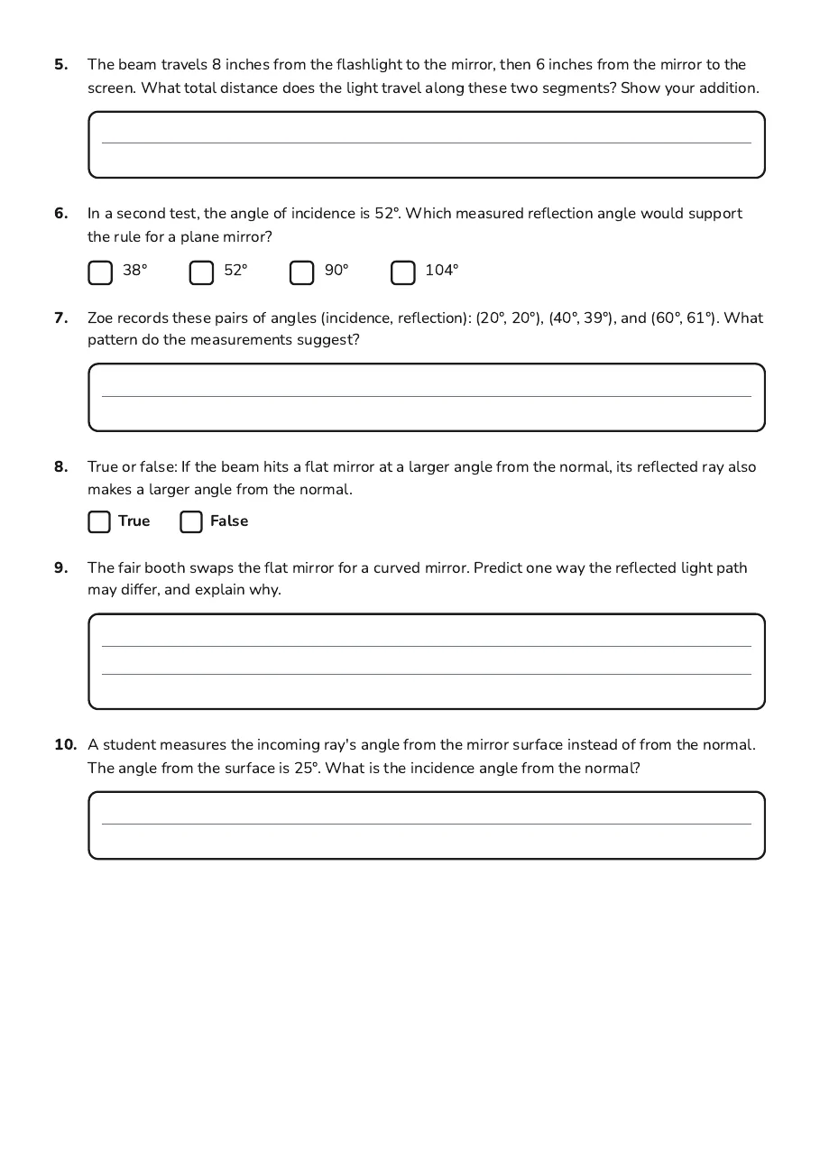 Light Path Measurement Analysis, page 2 of 2: 5. The beam travels 8 inches from the flashlight to the mirror, then 6 inches from the…