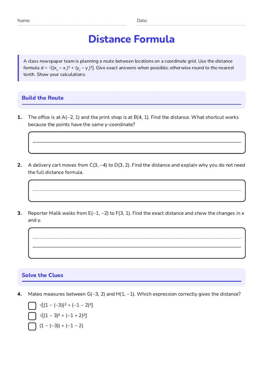 Distance Formula, page 1 of 2: Build the Route, Solve the Clues
