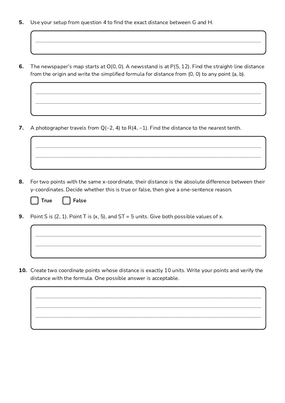 Distance Formula, page 2 of 2: 5. Use your setup from question 4 to find the exact distance between G and H.