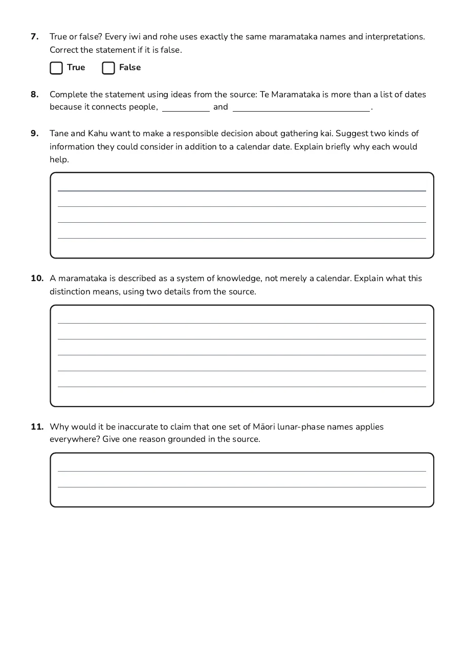 Māori Time Concepts Introduction, page 3 of 4: 7. True or false? Every iwi and rohe uses exactly the same maramataka names and…