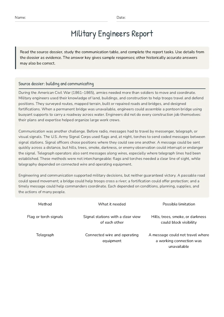 Military Engineers Report, page 1 of 3: Source dossier: building and communicating