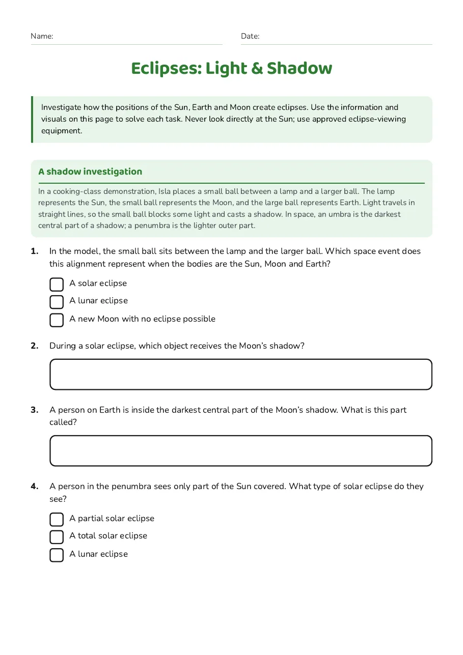 Eclipses: Light & Shadow, page 1 of 2: A shadow investigation