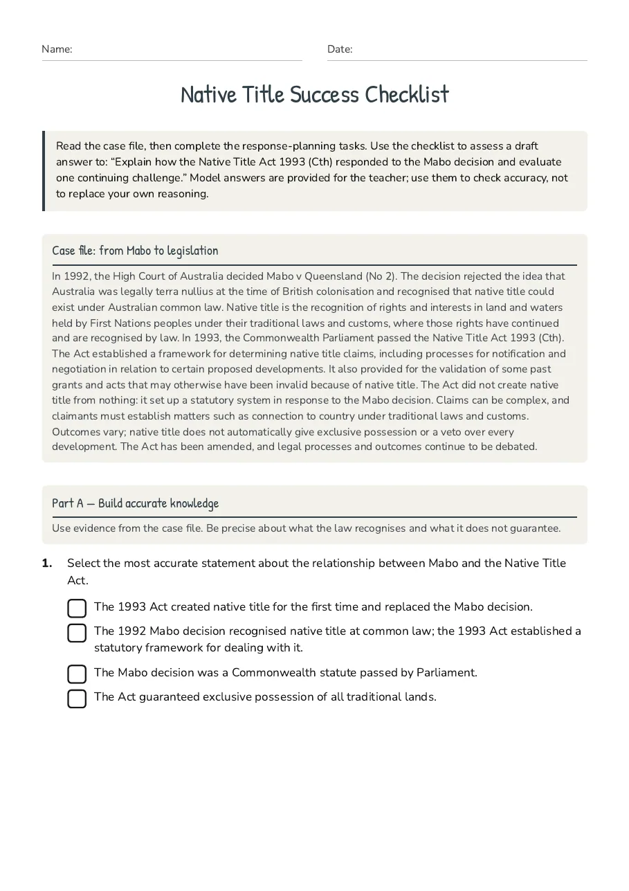 Native Title Success Checklist, page 1 of 4: Case file: from Mabo to legislation, Part A — Build accurate knowledge