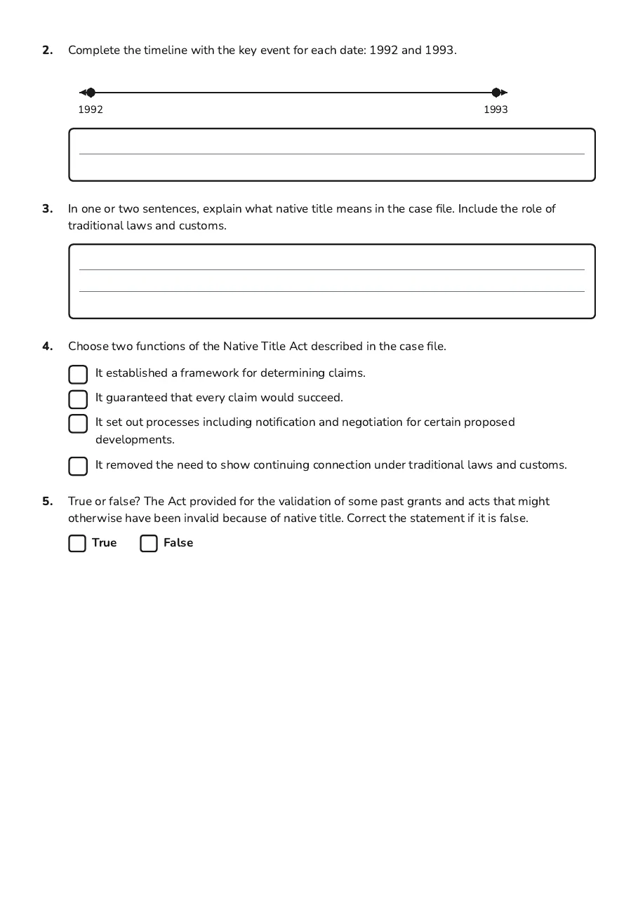Native Title Success Checklist, page 2 of 4: 2. Complete the timeline with the key event for each date: 1992 and 1993.