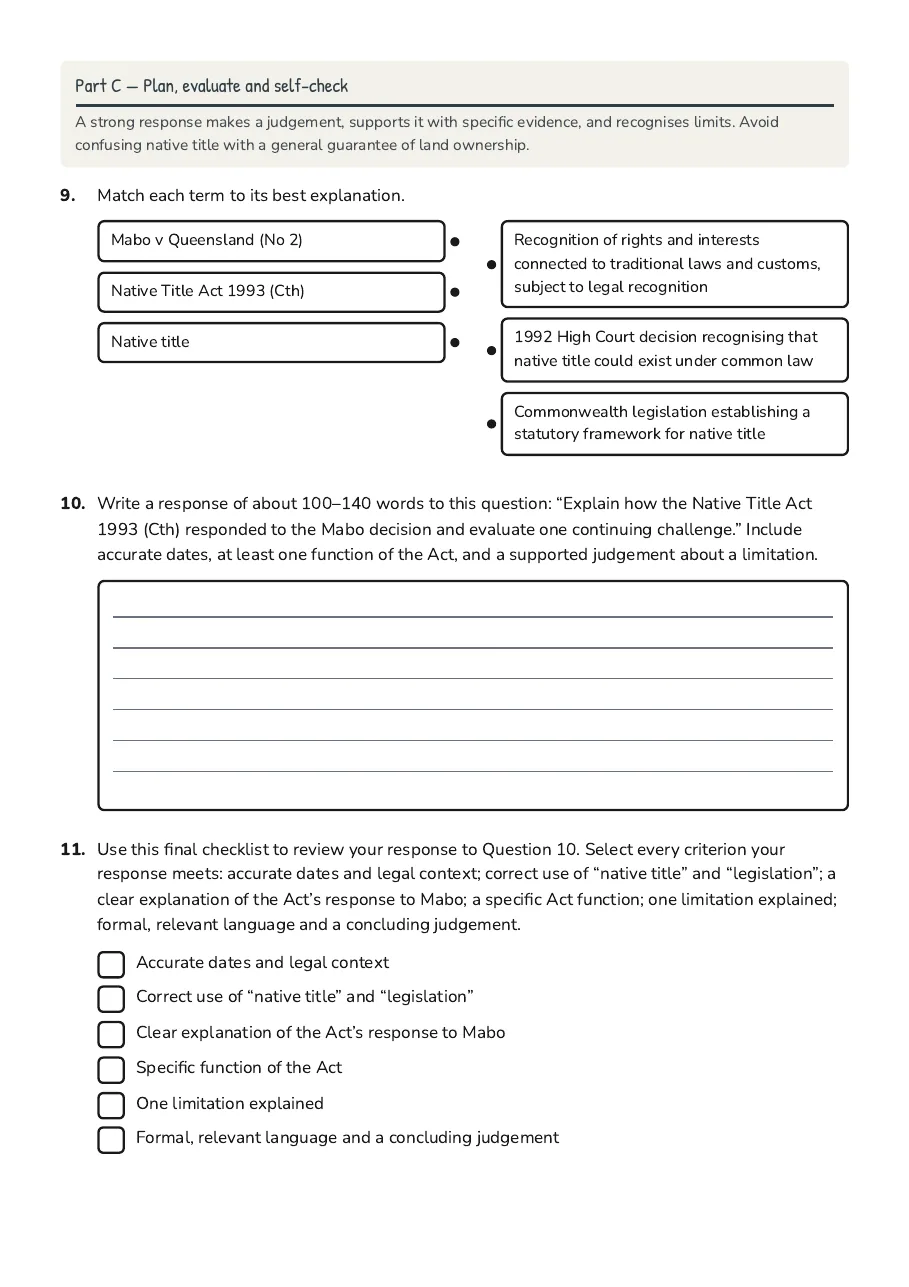 Native Title Success Checklist, page 4 of 4: Part C — Plan, evaluate and self-check