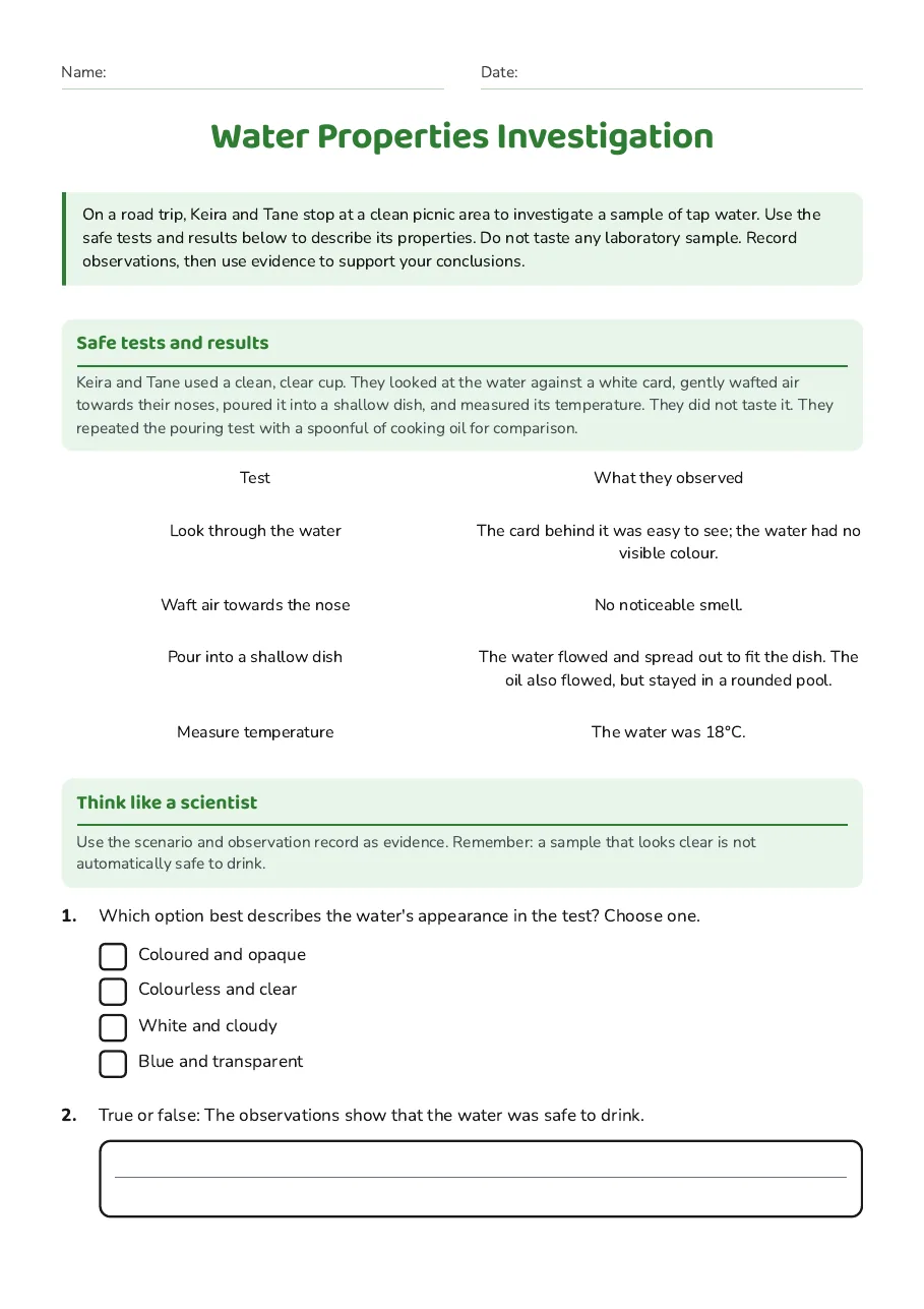 Water Properties Investigation, page 1 of 3: Safe tests and results, Think like a scientist
