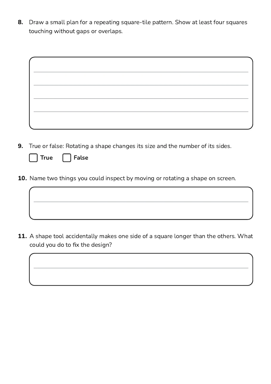Digital Shape Creation, page 3 of 3: 8. Draw a small plan for a repeating square-tile pattern. Show at least four squares