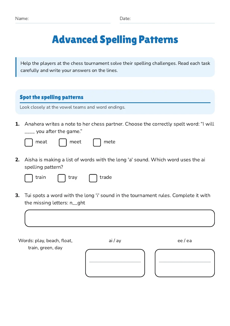 Advanced Spelling Patterns, page 1 of 3: Spot the spelling patterns