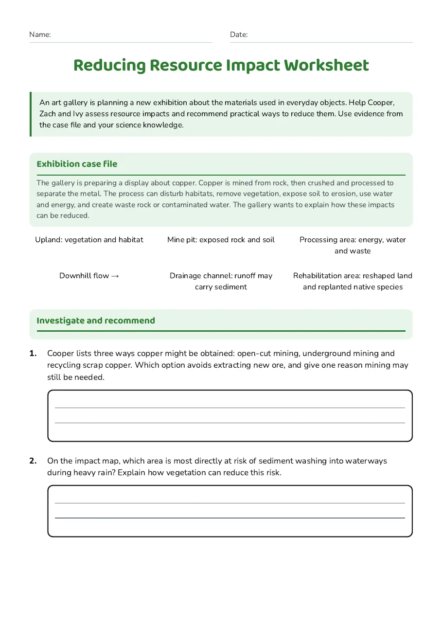 Reducing Resource Impact Worksheet, page 1 of 3: Exhibition case file, Investigate and recommend