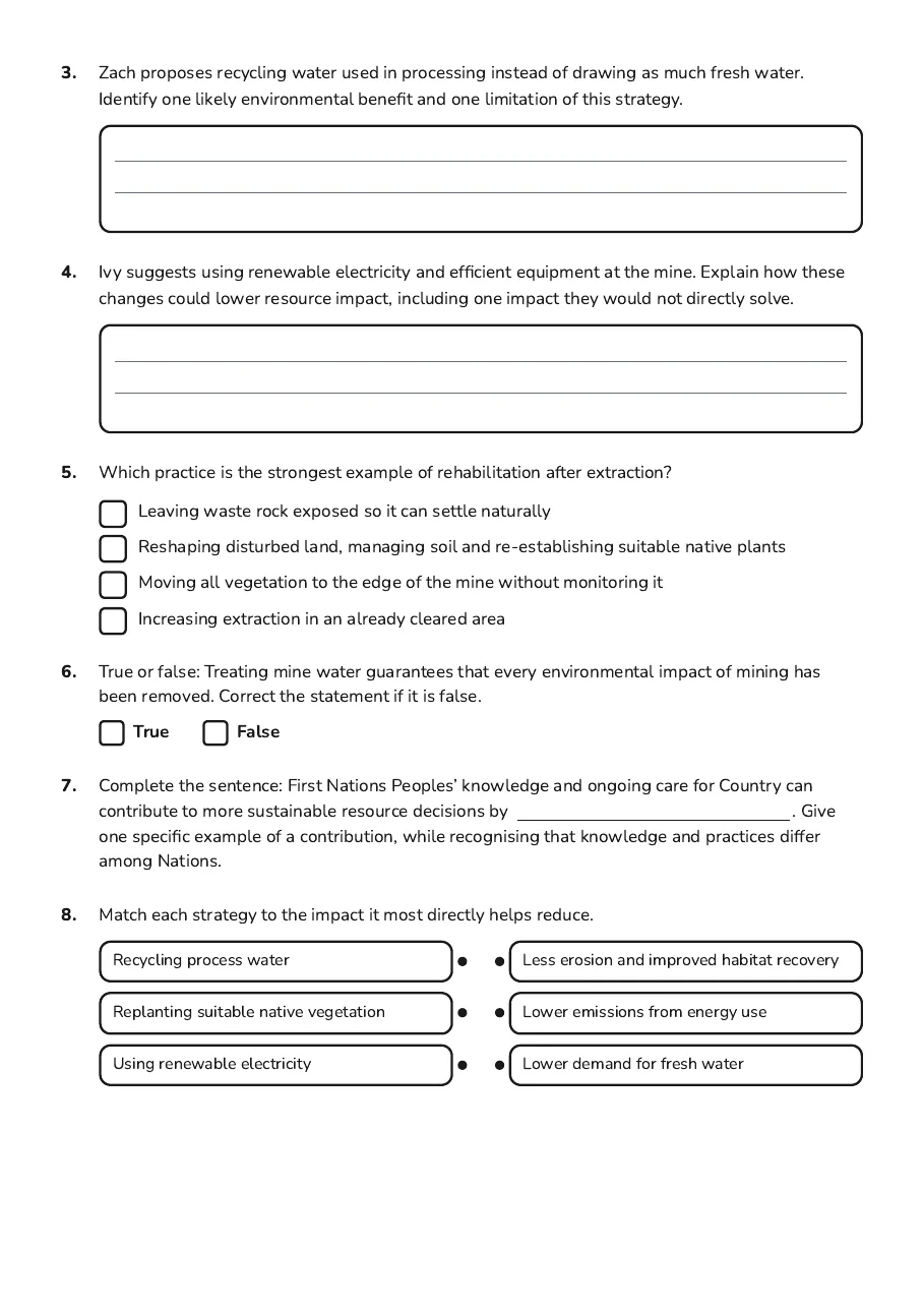 Reducing Resource Impact Worksheet, page 2 of 3: 3. Zach proposes recycling water used in processing instead of drawing as much fresh…