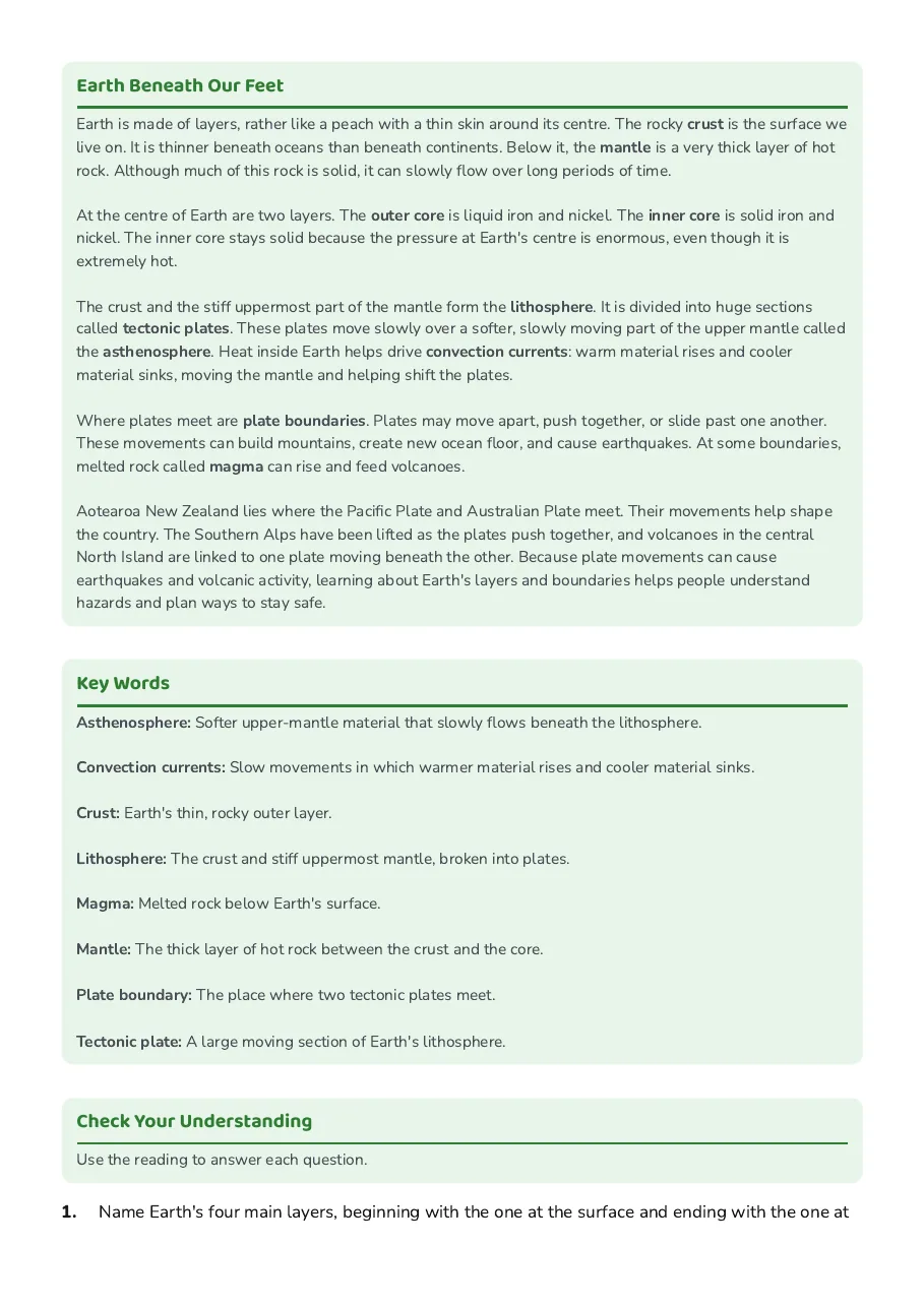 Earth's Structure and Tectonics, page 2 of 4: Earth Beneath Our Feet, Key Words, Check Your Understanding