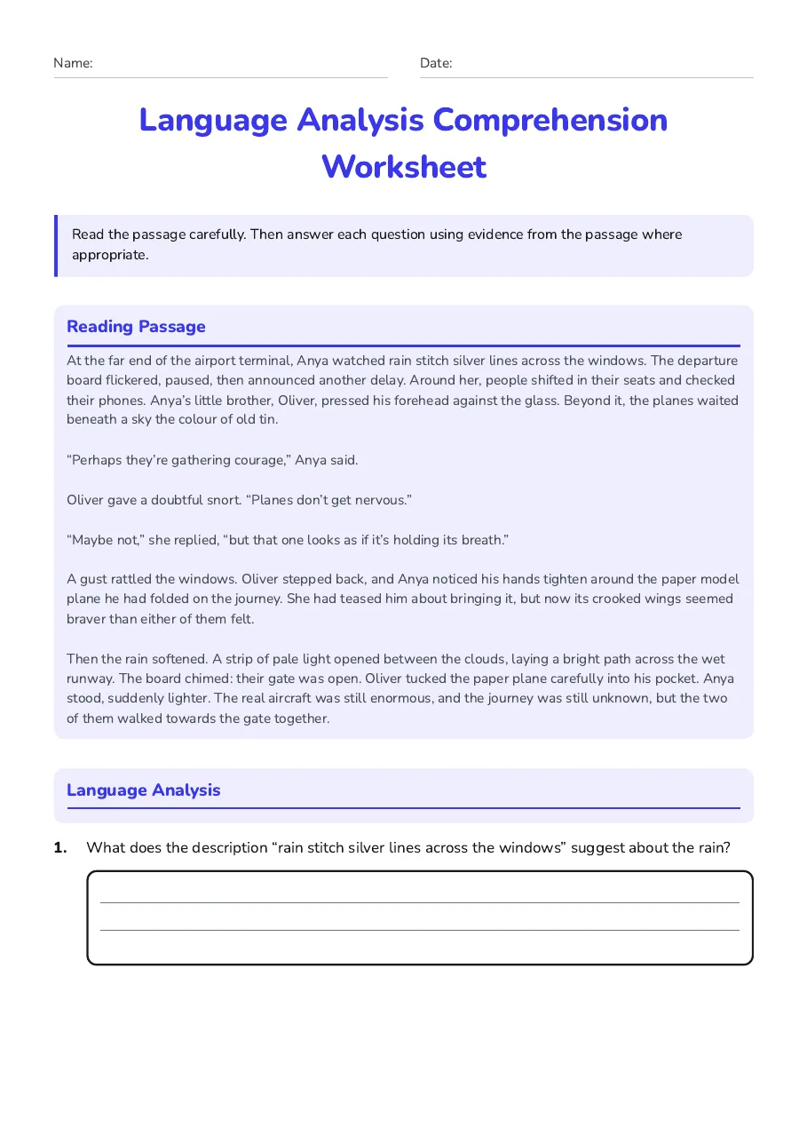 Language Analysis Comprehension Worksheet, page 1 of 3: Reading Passage, Language Analysis
