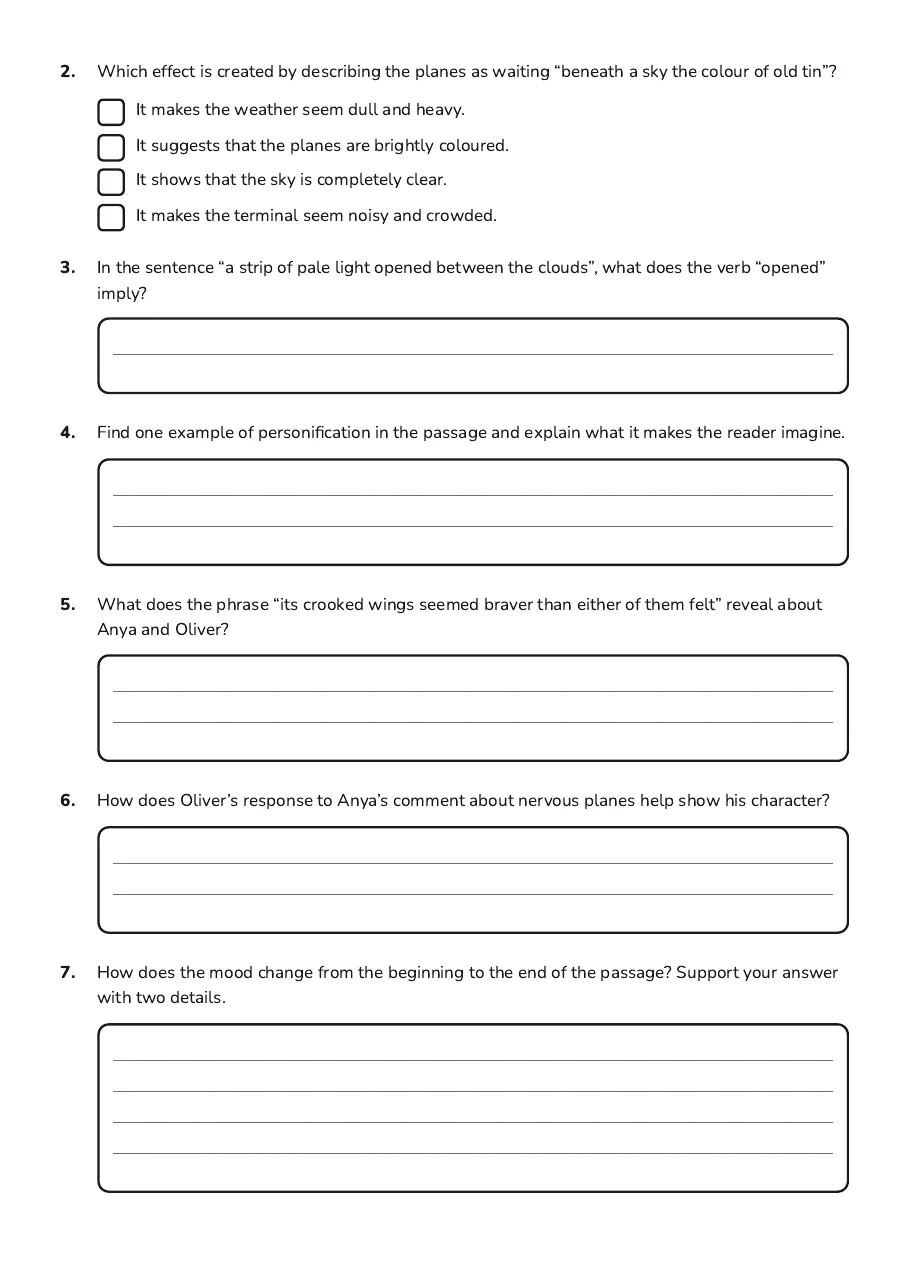Language Analysis Comprehension Worksheet, page 2 of 3: 2. Which effect is created by describing the planes as waiting “beneath a sky the colour…