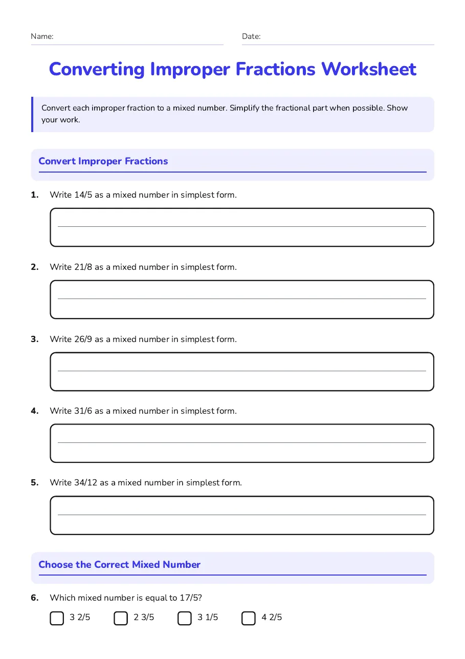 Converting Improper Fractions Worksheet, page 1 of 2: Convert Improper Fractions, Choose the Correct Mixed Number