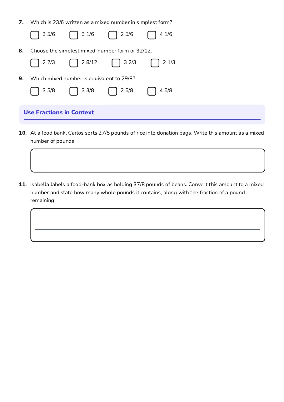 Converting Improper Fractions Worksheet, page 2 of 2: Use Fractions in Context