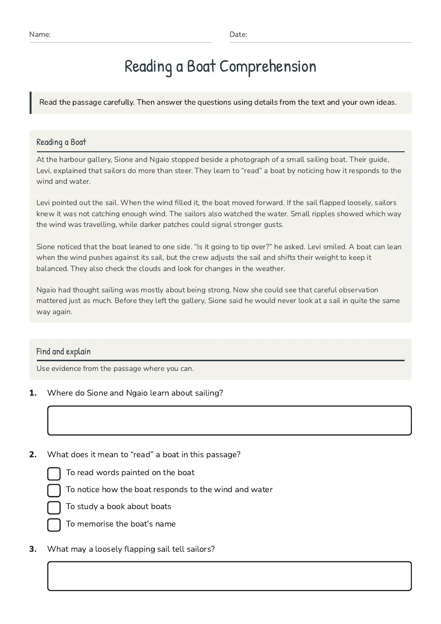 Reading a Boat Comprehension, page 1 of 3: Reading a Boat, Find and explain