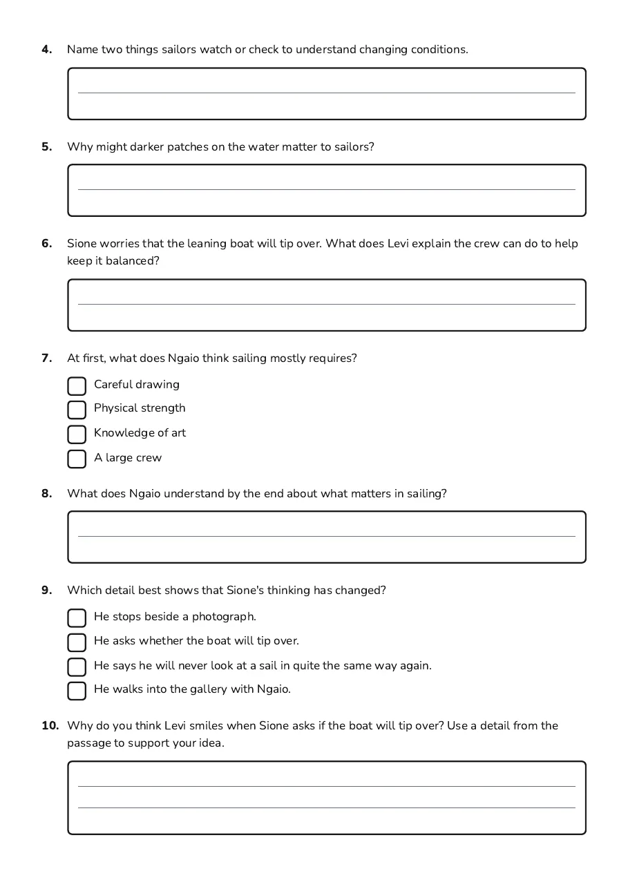 Reading a Boat Comprehension, page 2 of 3: 4. Name two things sailors watch or check to understand changing conditions.