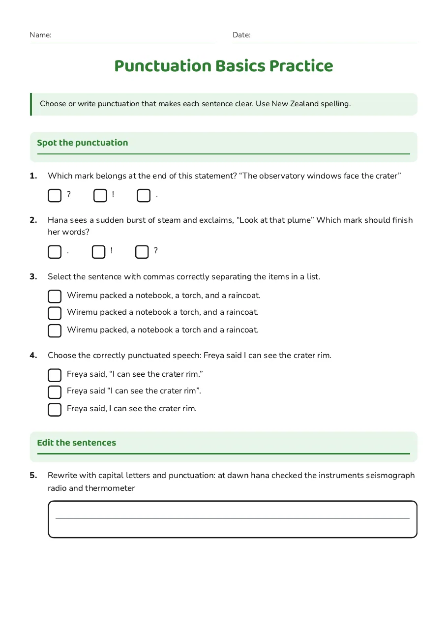 Punctuation Basics Practice, page 1 of 2: Spot the punctuation, Edit the sentences