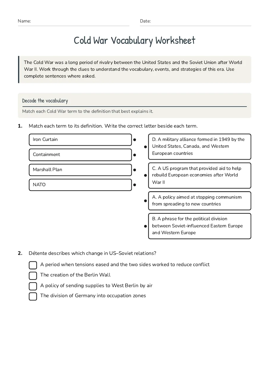 Cold War Vocabulary Worksheet, page 1 of 3: Decode the vocabulary