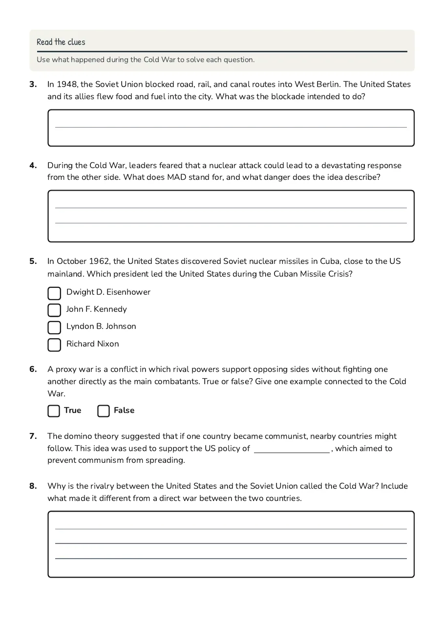 Cold War Vocabulary Worksheet, page 2 of 3: Read the clues
