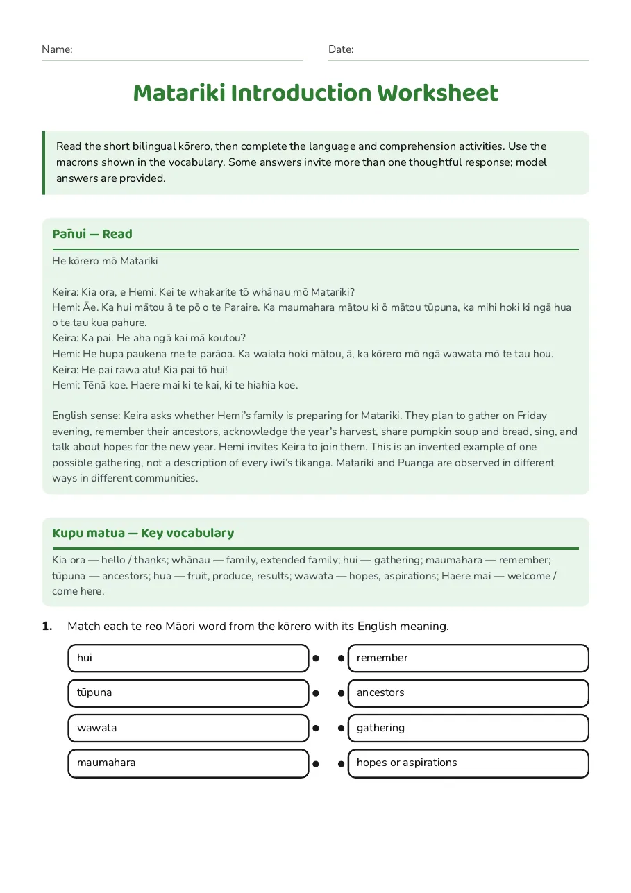 Matariki Introduction Worksheet, page 1 of 3: Pānui — Read, Kupu matua — Key vocabulary