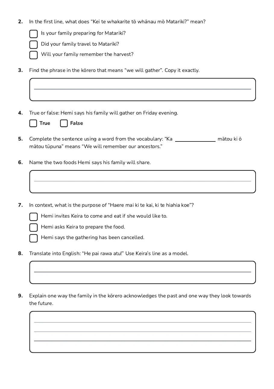 Matariki Introduction Worksheet, page 2 of 3: 2. In the first line, what does “Kei te whakarite tō whā nau mō Matariki?” mean?