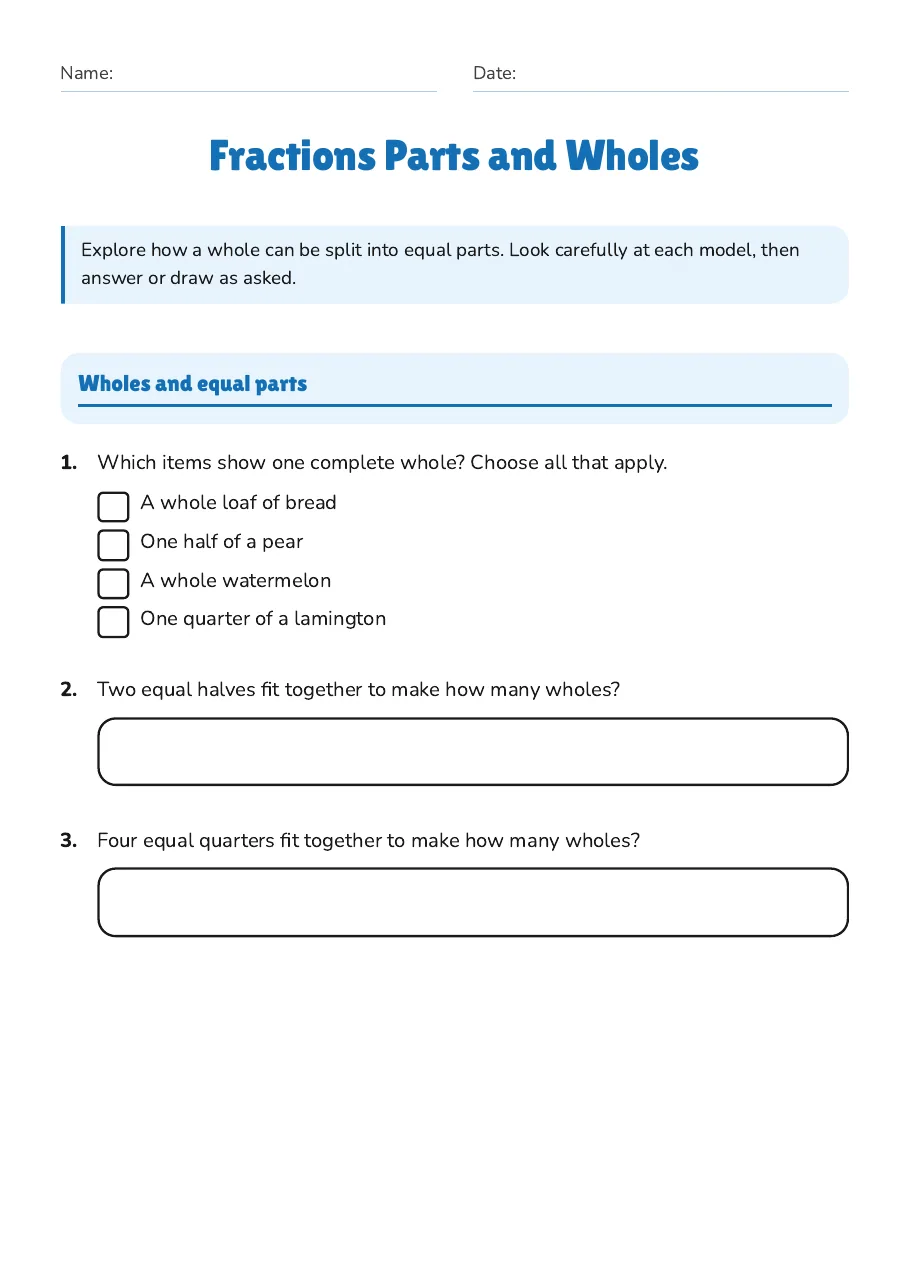 Fractions Parts and Wholes, page 1 of 5: Wholes and equal parts