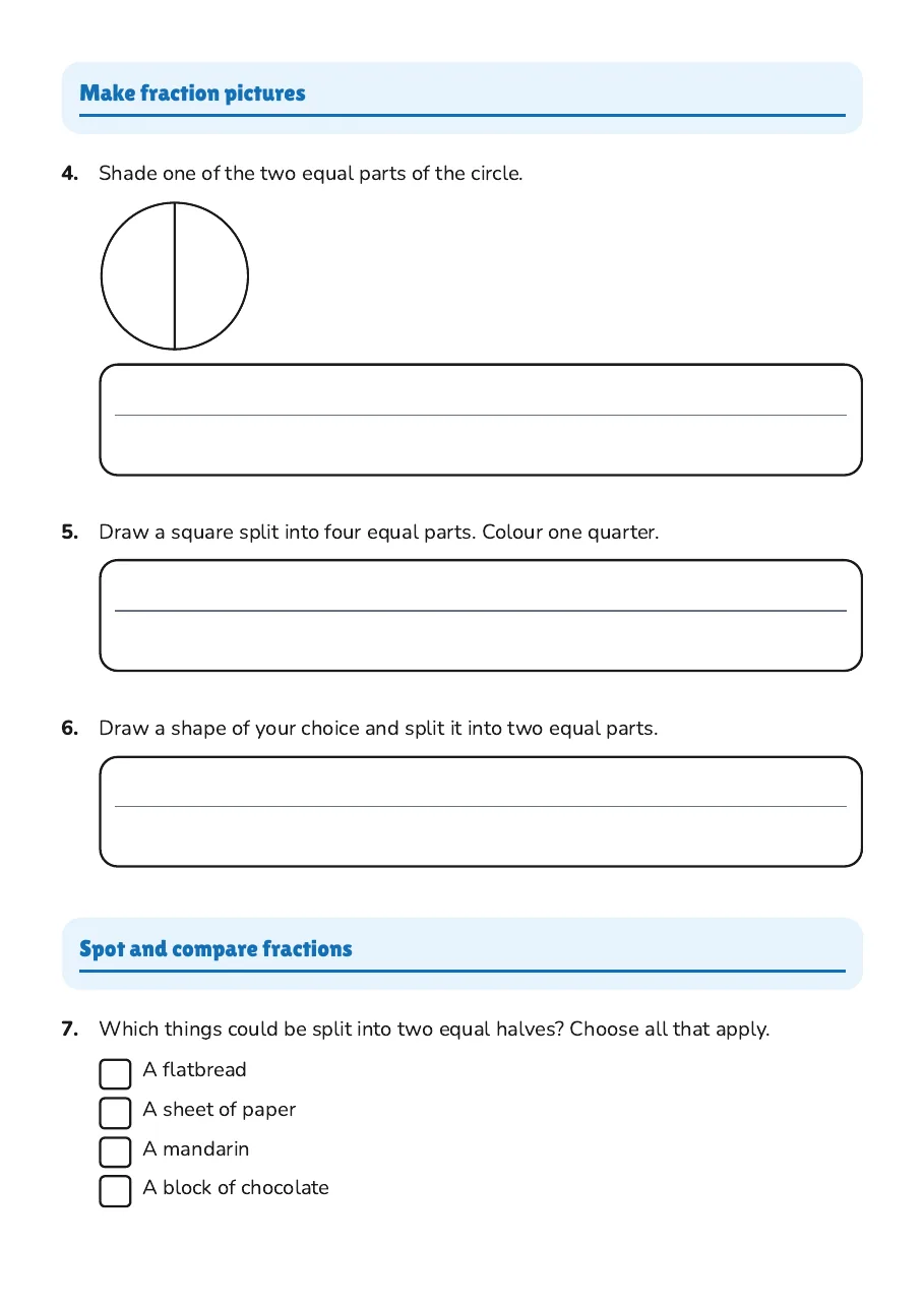 Fractions Parts and Wholes, page 2 of 5: Make fraction pictures, Spot and compare fractions