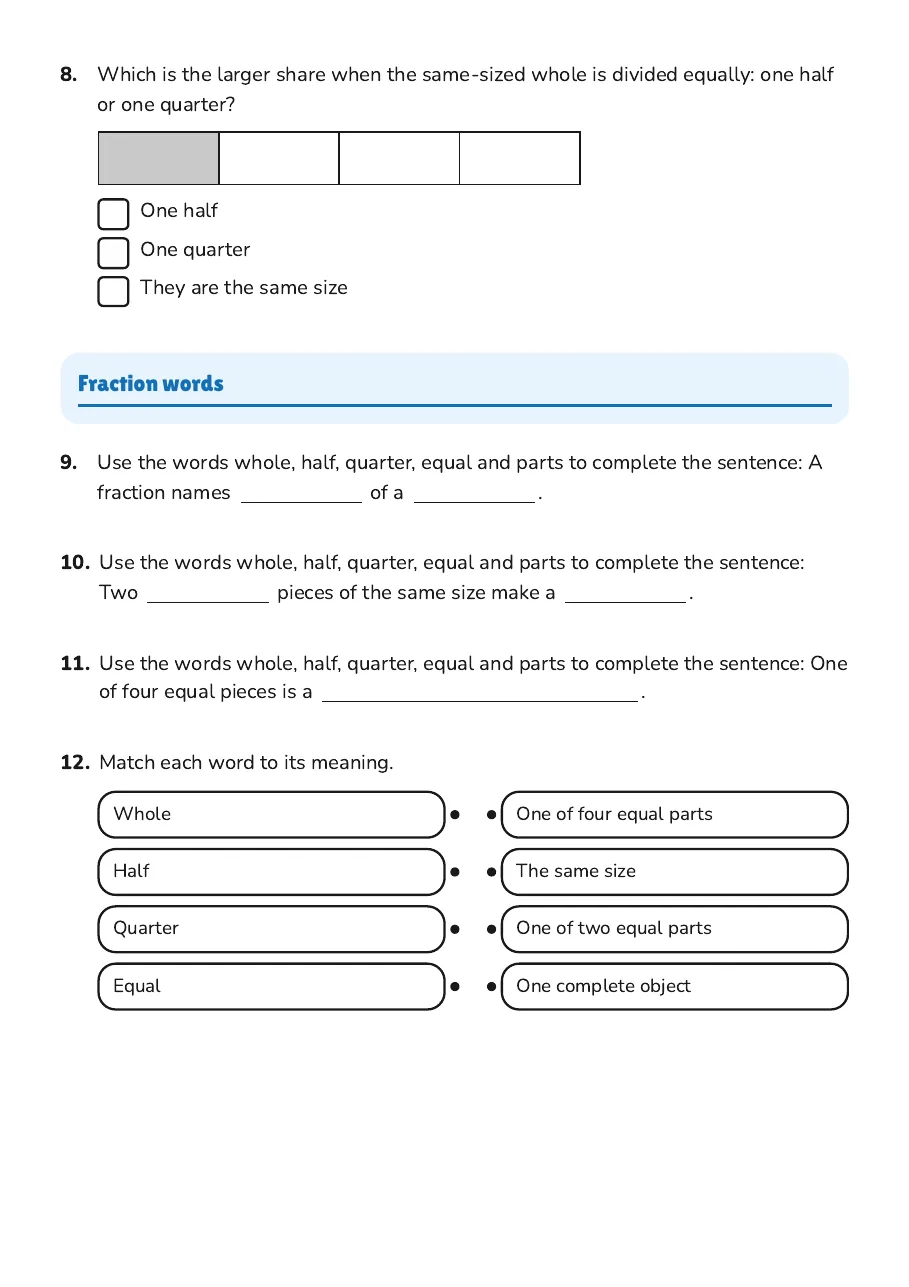 Fractions Parts and Wholes, page 3 of 5: Fraction words