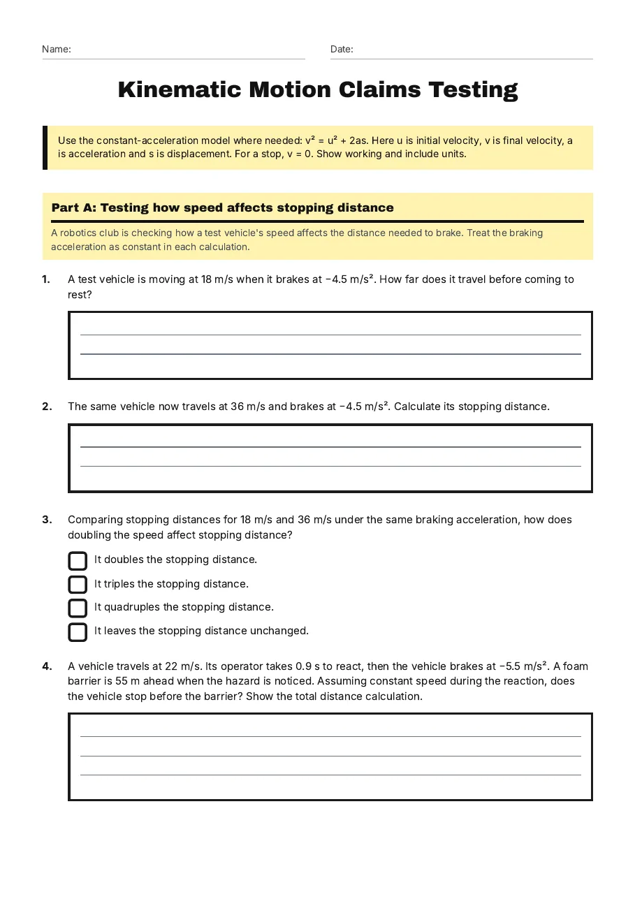 Kinematic Motion Claims Testing, page 1 of 3: Part A: Testing how speed affects stopping distance