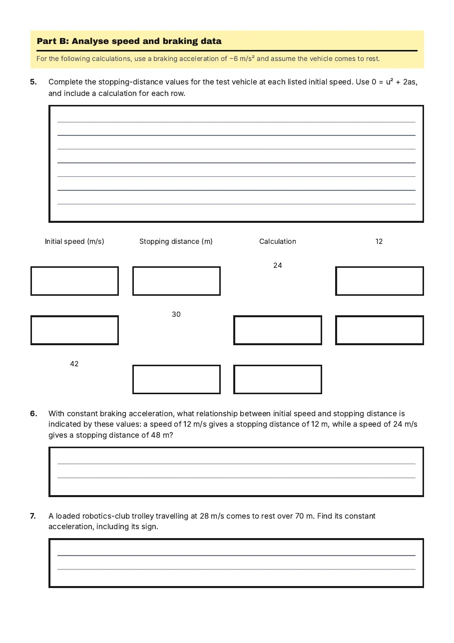 Kinematic Motion Claims Testing, page 2 of 3: Part B: Analyse speed and braking data