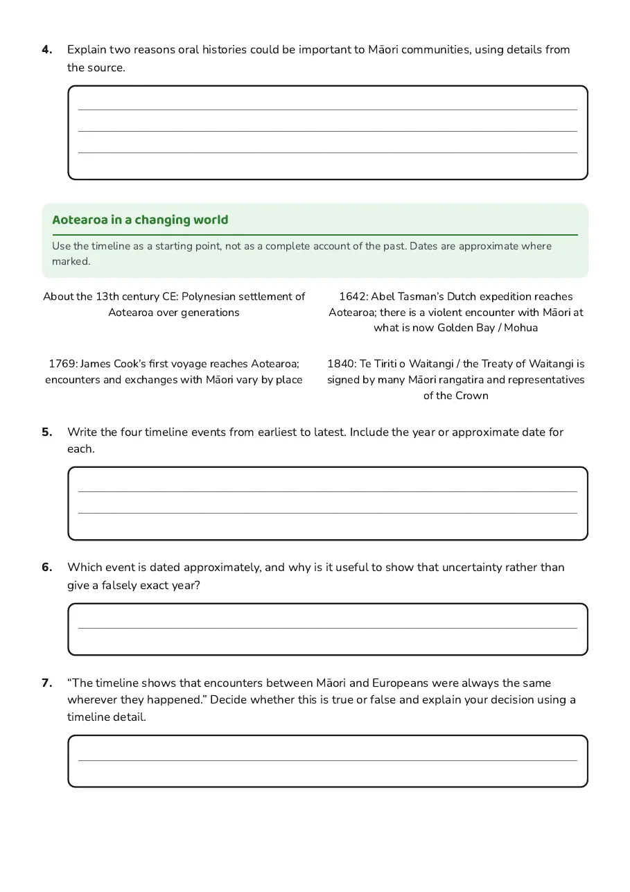 Early New Zealand History Worksheet, page 2 of 3: Aotearoa in a changing world