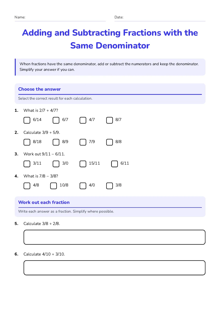 Adding and Subtracting Fractions with the Same Denominator, page 1 of 3: Choose the answer, Work out each fraction