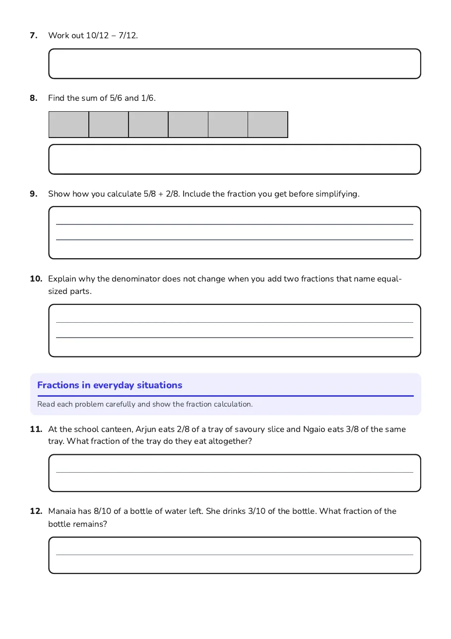 Adding and Subtracting Fractions with the Same Denominator, page 2 of 3: Fractions in everyday situations