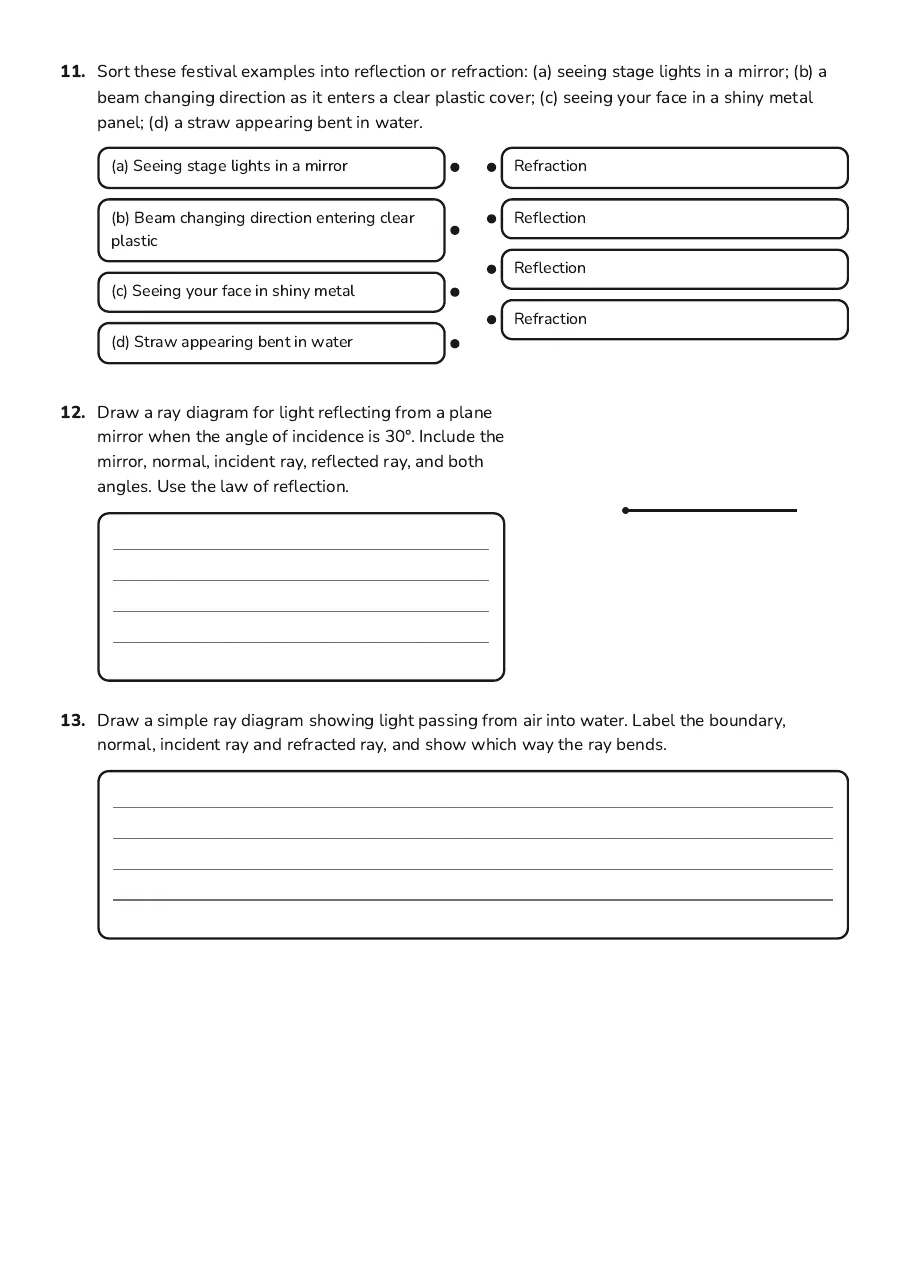 Light Reflection and Refraction Revision, page 3 of 3: 11. Sort these festival examples into reflection or refraction: (a) seeing stage lights…