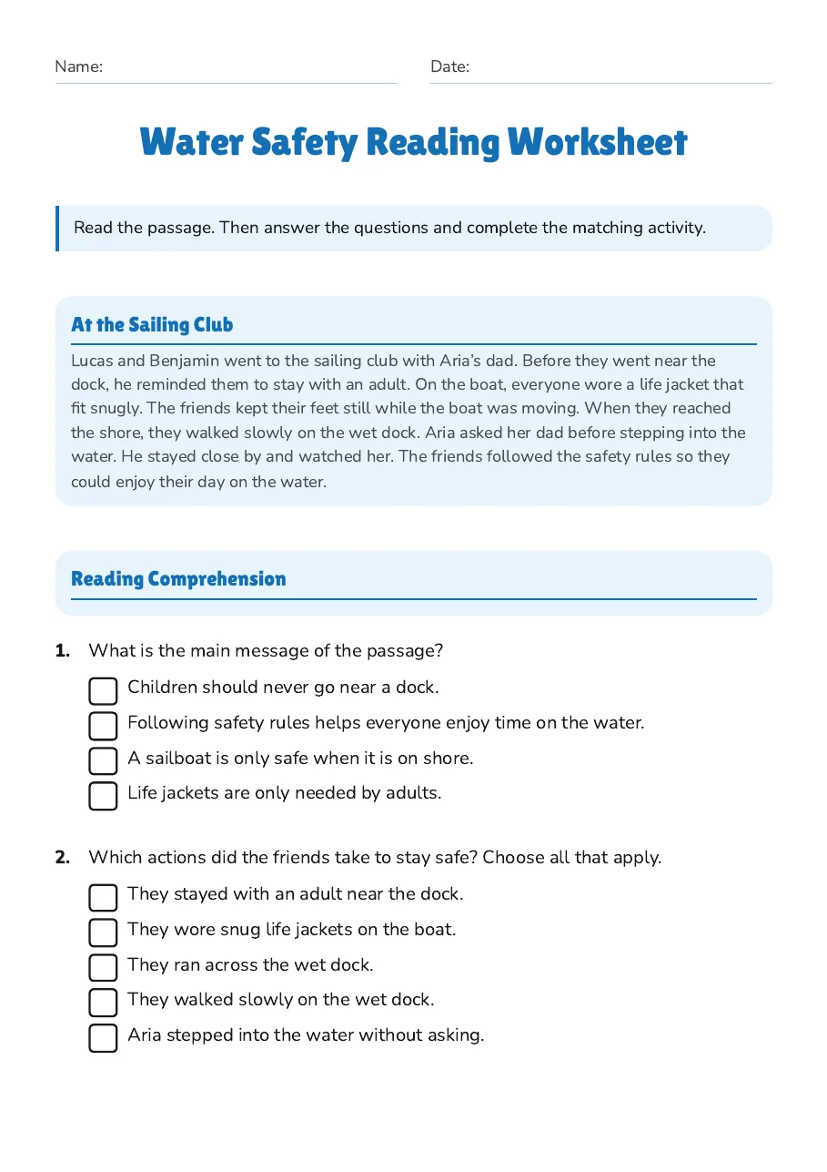 Water Safety Reading Worksheet, page 1 of 3: At the Sailing Club, Reading Comprehension